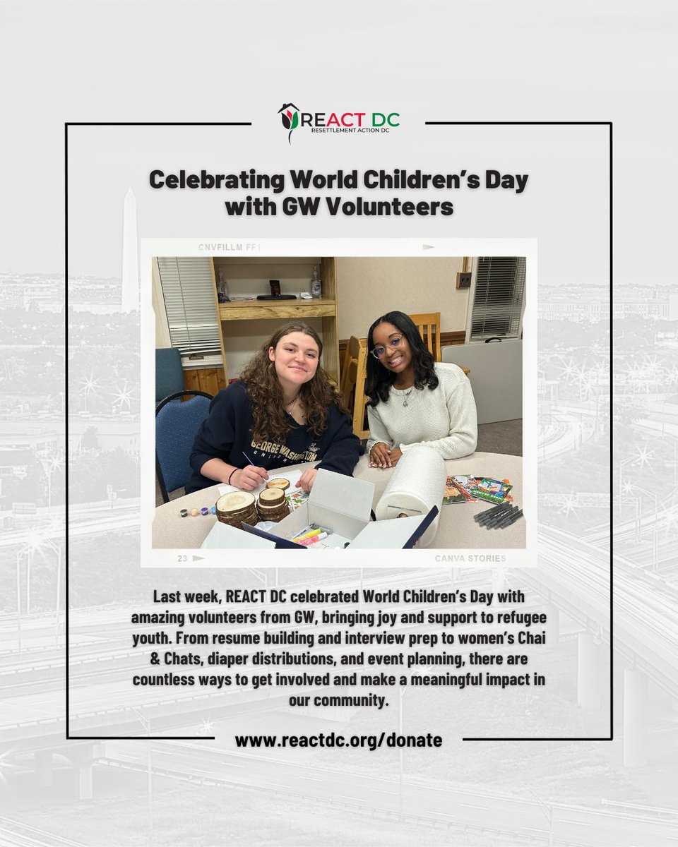 reactdcorg's tweet image. 🌍 Last week, REACT DC celebrated World Children’s Day with GW volunteers! From resume prep &amp;amp; Chai &amp;amp; Chats to diaper distributions &amp;amp; event planning, there are so many ways to help. 💡 Sign up: tinyurl.com/4jvh6upx

#VolunteerWithREACT #RefugeeSupport #GWVolunteers