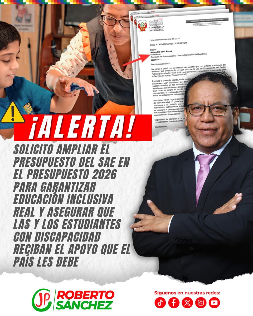 #ALERTA | 𝐏𝐫𝐞𝐬𝐮𝐩𝐮𝐞𝐬𝐭𝐨 𝐩𝐚𝐫𝐚 𝐮𝐧𝐚 𝐄𝐝𝐮𝐜𝐚𝐜𝐢𝐨́𝐧 𝐈𝐧𝐜𝐥𝐮𝐬𝐢𝐯𝐚 𝐘𝐀

He solicitado formalmente que en el Presupuesto 2026 se incremente el financiamiento del Servicio de Apoyo Educativo (SAE). Sin recursos suficientes, miles de estudiantes con