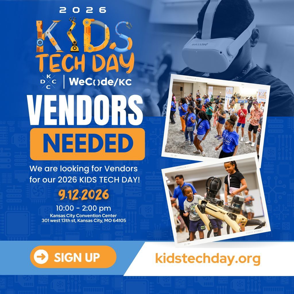 wecodekc's tweet image. 📣 Calling all vendors!
Join us for Kids Tech Day 2026 and showcase your products to families and tech enthusiasts.
📍 Kansas City Convention Center
📅 September 12, 2026 | 10 AM – 2 PM
✅ Sign up now: kidstechday.org
#WeCodeKC #KidsTechDay #STEMEducation #CommunityEvent