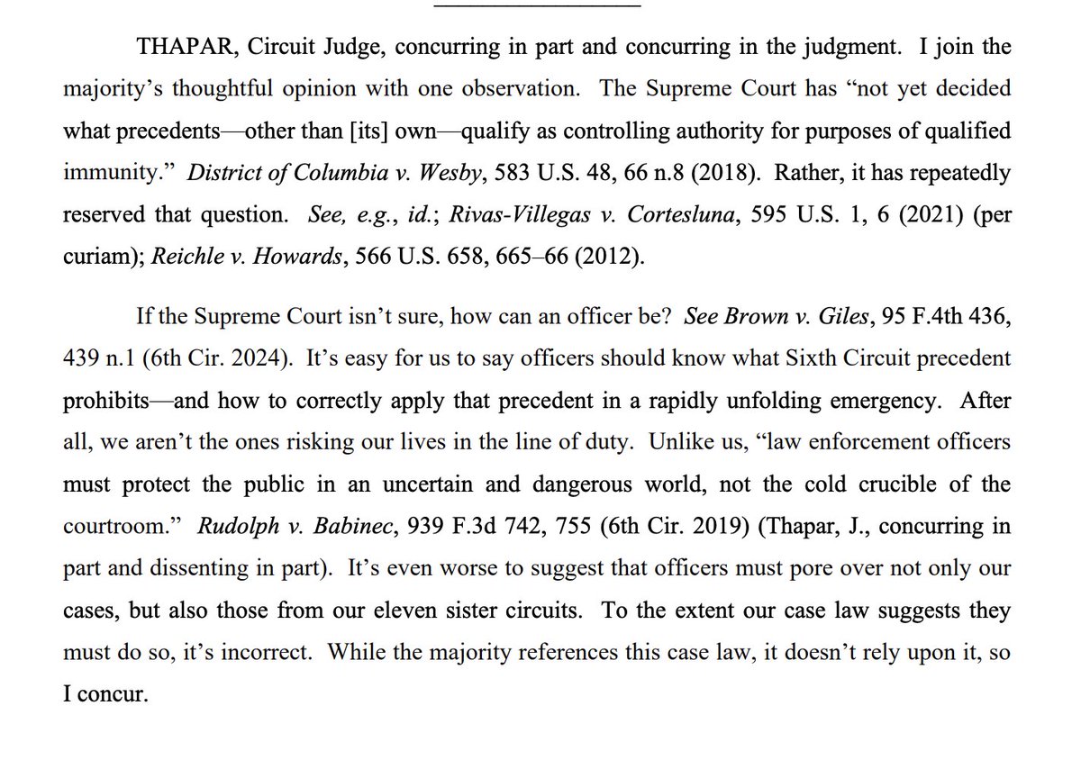 OrinKerr's tweet image. Judge Thapar, concurring: We can&apos;t expect officers to read circuit court opinions from other circuits to know what is clearly established law for QI purposes. 

A few thoughts. 🧵

opn.ca6.uscourts.gov/opinions.pdf/2… #N