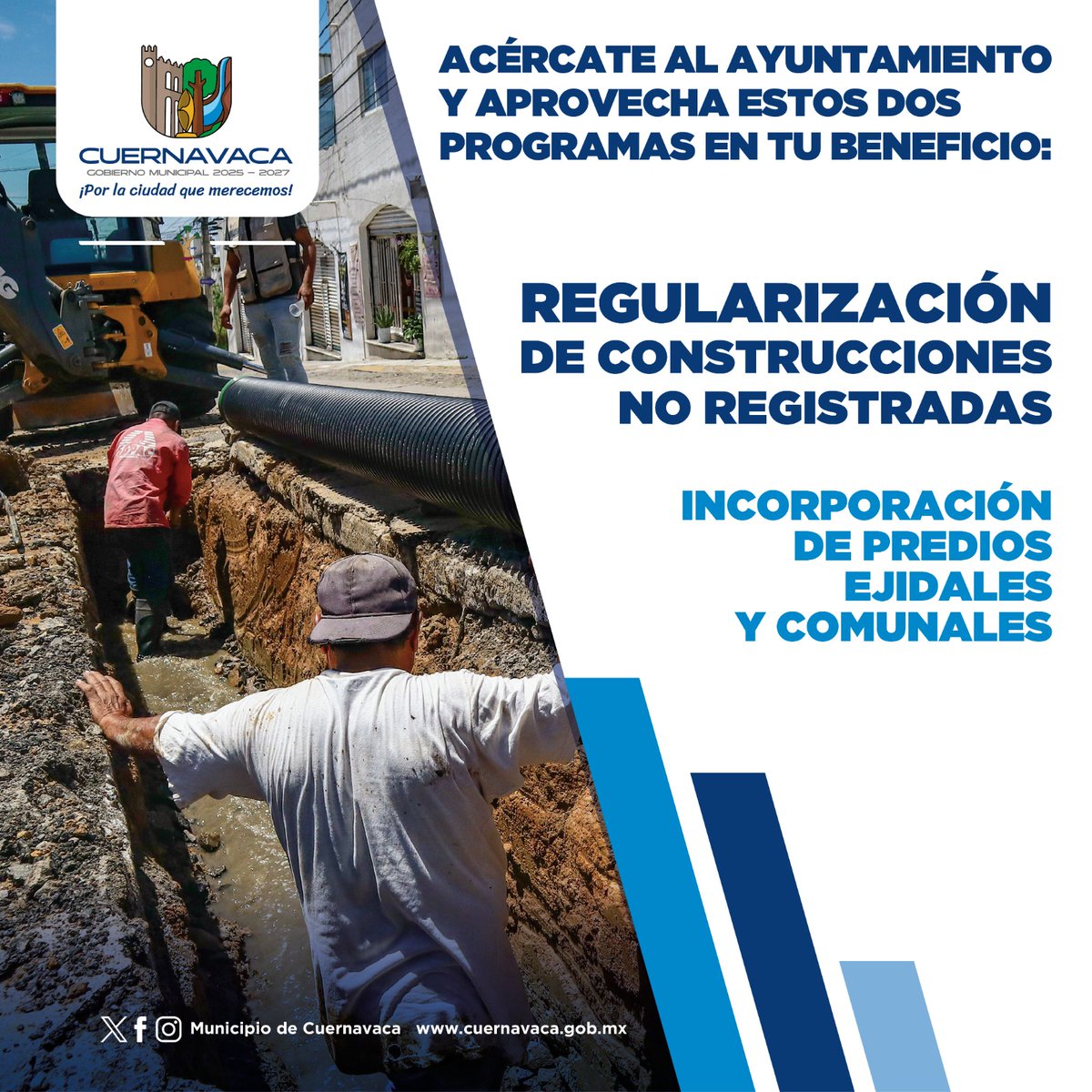 24_morelos's tweet photo. TU COLONIA ACCEDERÁ A OBRAS Y SERVICIOS SI DAS DE ALTA TU PREDIO 

El @CuernavacaGob te invita a aprovechar la regularización de construcciones no registradas y la incorporación de #predios ejidales y comunales, para que tu colonia pueda acceder a obras y servicios como agua, alumbrado o pavimentación. 

Acude ya a la dirección de Predial y Catastro, ubicada en Cuauhtemotzin #4 de la colonia Centro de #Cuernavaca.