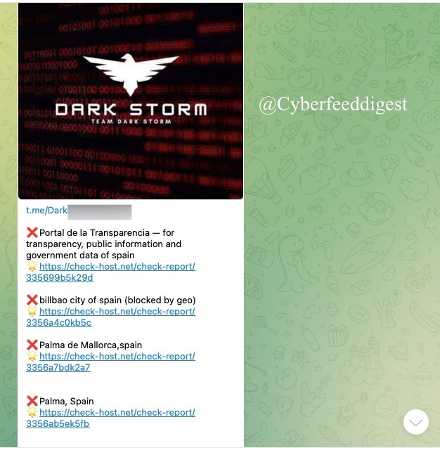 cyberfeeddigest's tweet image. “The pro-Russian group #DARKSTORM  targeted #Spain websites with #DDOS attacks:
❌Bilbao city (geo-blocked) 
❌Palma de Mallorca 
❌Palma