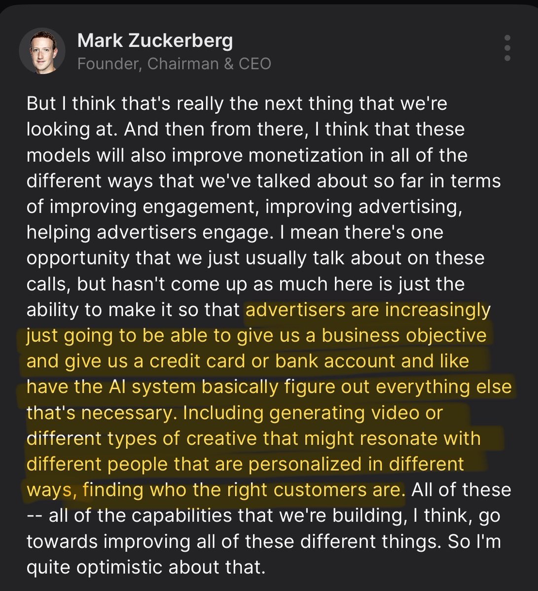 Probably the most important part of the META call 

“Advertisers are increasingly going to be able to give us a business objective and a credit card and the Al system [will] basically figure out everything else that's necessary.”

Everyone’s hunting for the direct beneficiaries