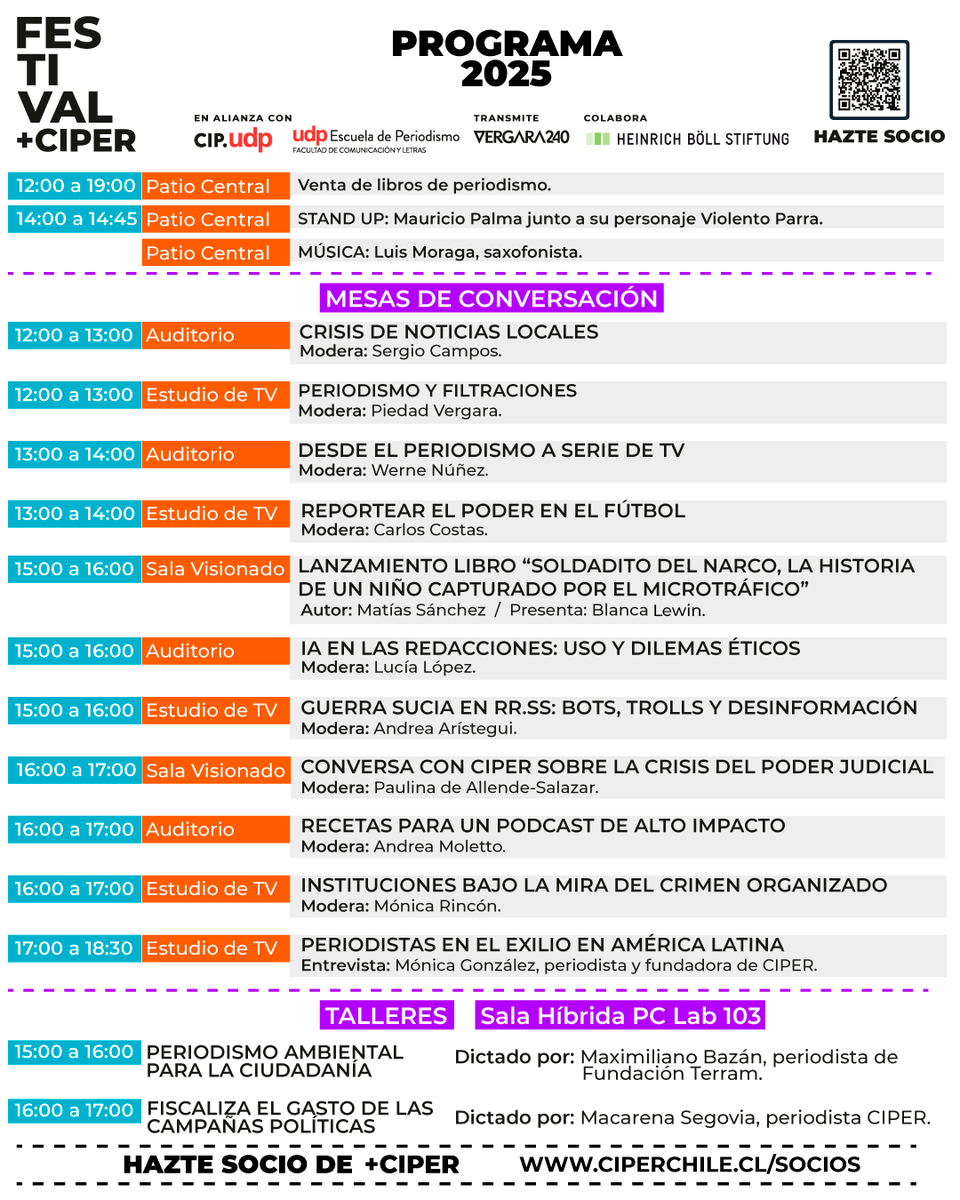 ciper's tweet image. ¡MAÑANA! 🥳 La quinta edición de nuestro #FestivalCIPER contará con talleres, charlas, feria de libros sobre periodismo, stand up y música en vivo 🤩 Revisa la programación completa e inscríbete en ciperchile.cl/festival