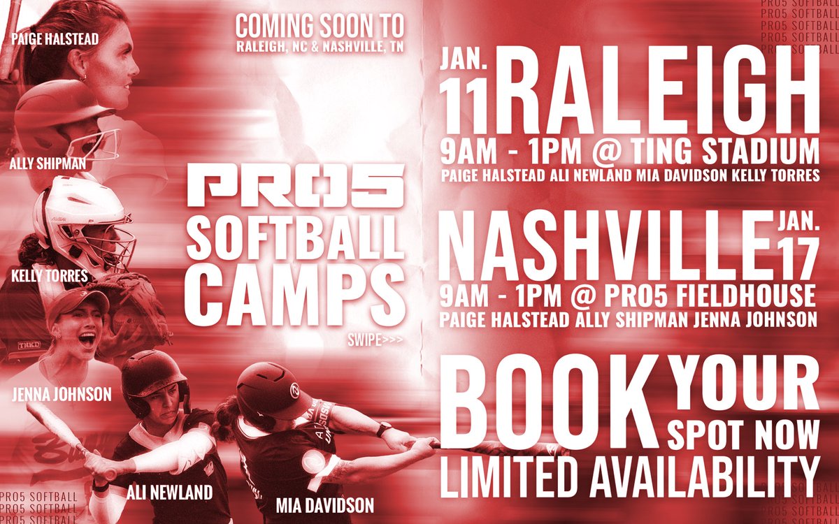 Pro5Baseball's tweet image. Thrilled to announce that PRO5 will be hosting Softball Camps in Raleigh, NC &amp;amp; Nashville, TN this January🥳🥎

Sign up today for an opportunity to work with some of the best softballers in the biz 💼 Link in bio🔗⬆️‼️

#PRO5 | #PRO5Softball
