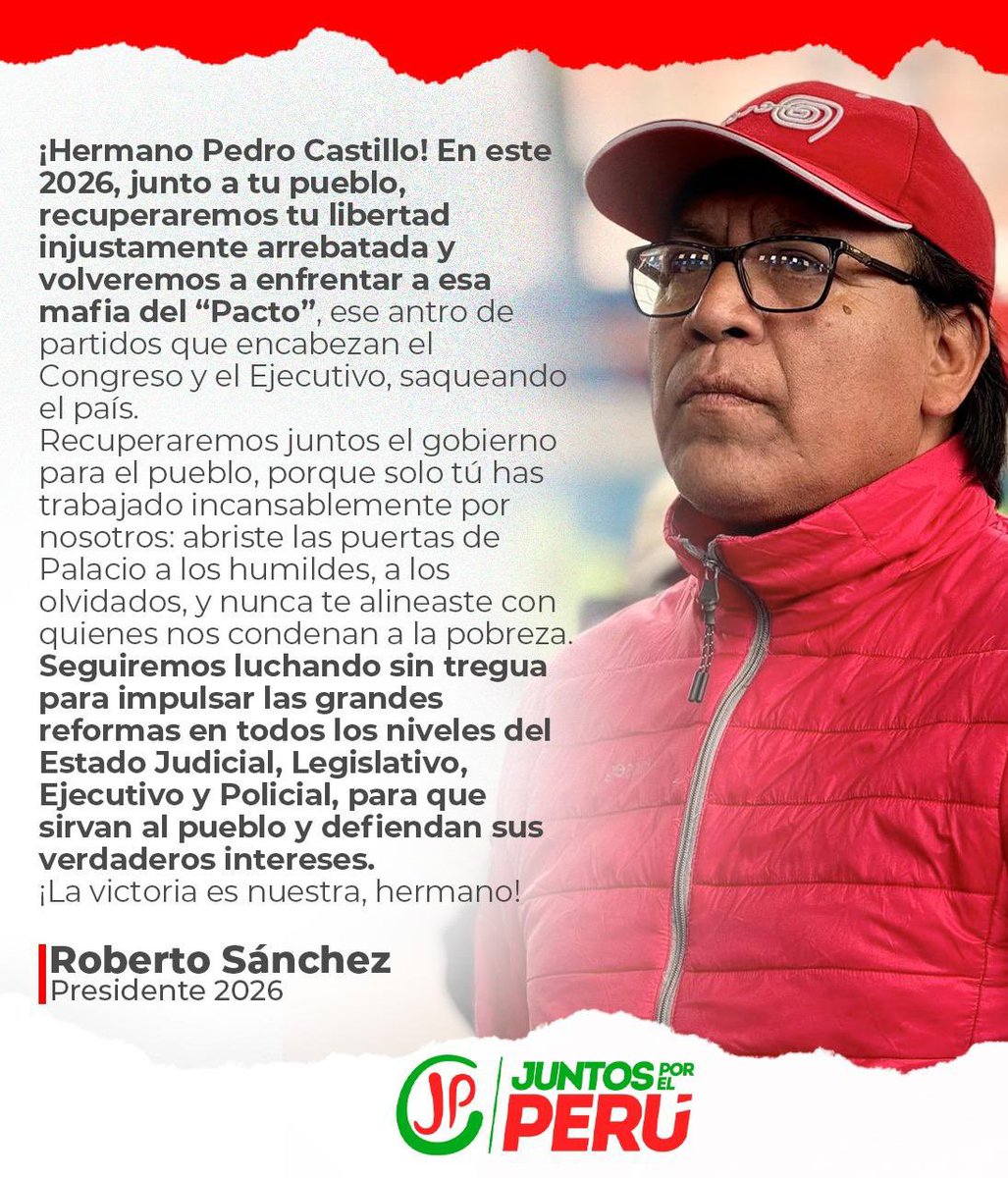 Hermano Pedro Castillo, volveremos contigo y con el pueblo a recuperar la libertad que te arrebataron. Frente a la mafia del “Pacto”, seguiremos firmes: por la justicia, por los humildes y por un Estado que sirva al pueblo. Esta lucha no se detiene. ¡La victoria será nuestra,