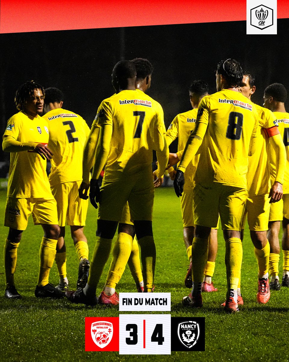 asnlofficiel's tweet photo. C’est terminé à Sarreguemines !

Au terme d’un scénario complètement fou, nos Nancéiens décrochent leur billet pour les 32èmes de finale !

👏 Bravo à Sarreguemines pour ce match et leur superbe parcours.

SFC 3️⃣ – 4️⃣ NANCY | 90’

#SFCASNL #CoupedeFrance https://t.co/0wbrDyyzLT