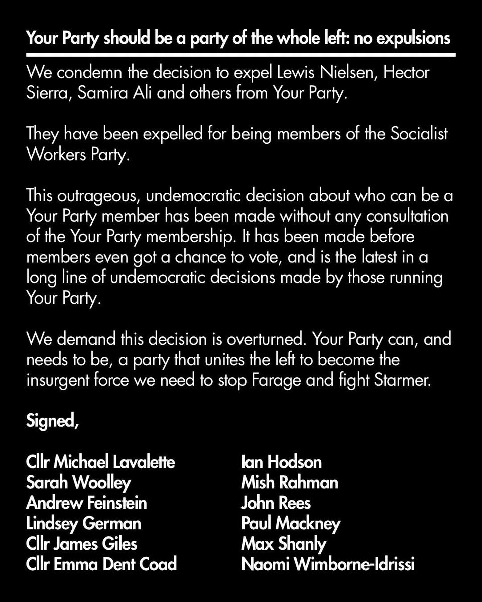 Thanks to <a href="/andrewfeinstein/">Andrew Feinstein</a> <a href="/sarahwoolley01/">sarah woolley</a> <a href="/mish_rahman/">Mish Rahman</a> and the others who have signed this statement. 

We need Your Party to fight Farage and Starmer, not the left
