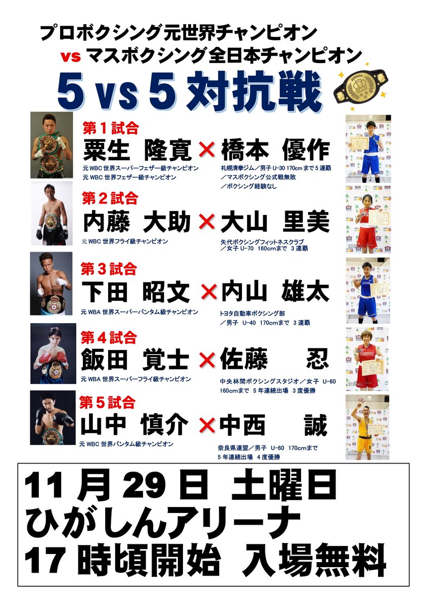 🔥いよいよ本日実施🔥 全日本選手権の準決勝終了後、元世界王者 vs 全日本マスボクシング王者の「5対5対抗戦」を行います。 📍ひがしんアリーナ  （墨田区総合体育館） ⏱1分×3ラウンド 📺本日の中継 https://t.co/wzqftL62OI