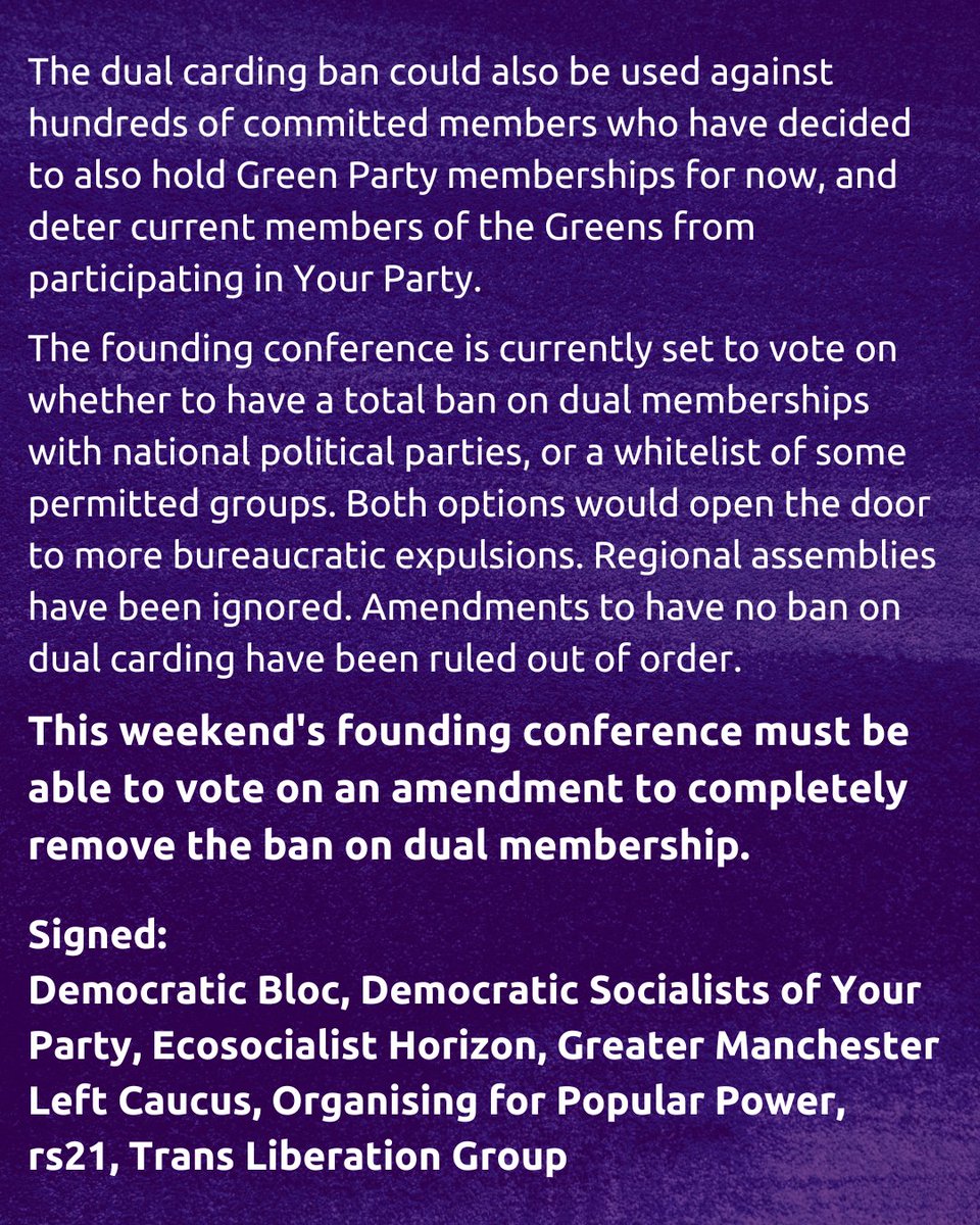 JOINT STATEMENT: NO TO 'DUAL CARDING' EXPULSIONS

We absolutely oppose the anti-democratic and cynical expulsion of members of the SWP from Your Party

Conference must be able to vote to remove the ban on dual membership

<a href="/DemocraticBloc/">DemBloc</a> <a href="/DemSocsYP/">Democratic Socialists</a>  <a href="/GMLeftCaucus/">Greater Manchester Left Caucus</a> <a href="/translibgroup/">Trans Liberation Group</a>