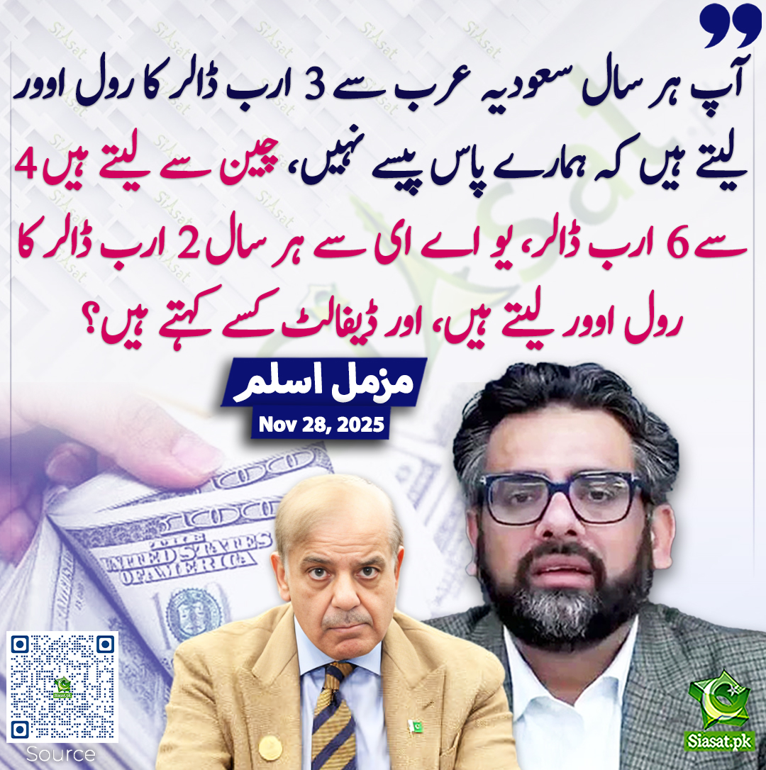 آپ ہر سال سعودیہ عرب سے 3 ارب ڈالر کا رول اوور لیتے ہیں کہ ہمارے پاس پیسے نہیں، چین سے لیتے ہیں 4 سے 6 ارب ڈالر، یو اے ای سے ہر سال 2 ارب ڈالر کا رول اوور لیتے ہیں، اور ڈیفالٹ کسے کہتے ہیں؟ مزمل اسلم
<a href="/MuzzammilAslam3/">Muzzammil Aslam</a> 
خبر کا ذریعہ جاننے کے لیے QR Code Scan کریں