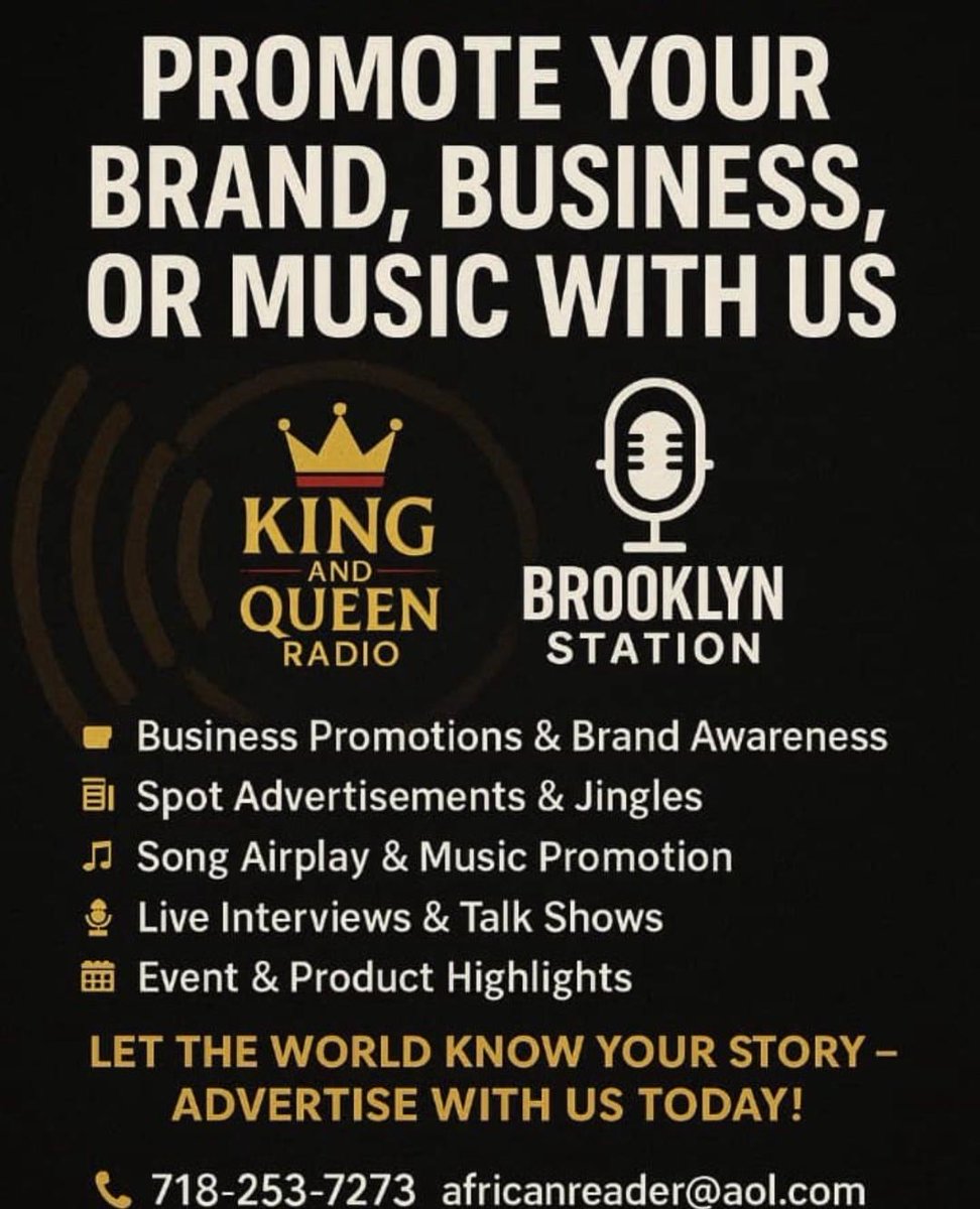 PalinZina's tweet image. Elevate your hustle!
From song airplay to interviews and business promotions — we help your story reach the world.
🎧 Be featured on King and Queen Radio &amp;amp; Brooklyn Station today!

#AdvertiseWithUs #RadioInterview #MusicAirplay #BusinessPromo