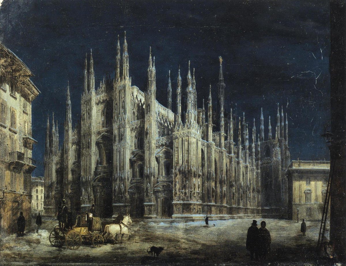 AcademiaAesthe1's tweet image. Angelo Inganni - "Nocturne, Duomo Square in Milan" (1866)