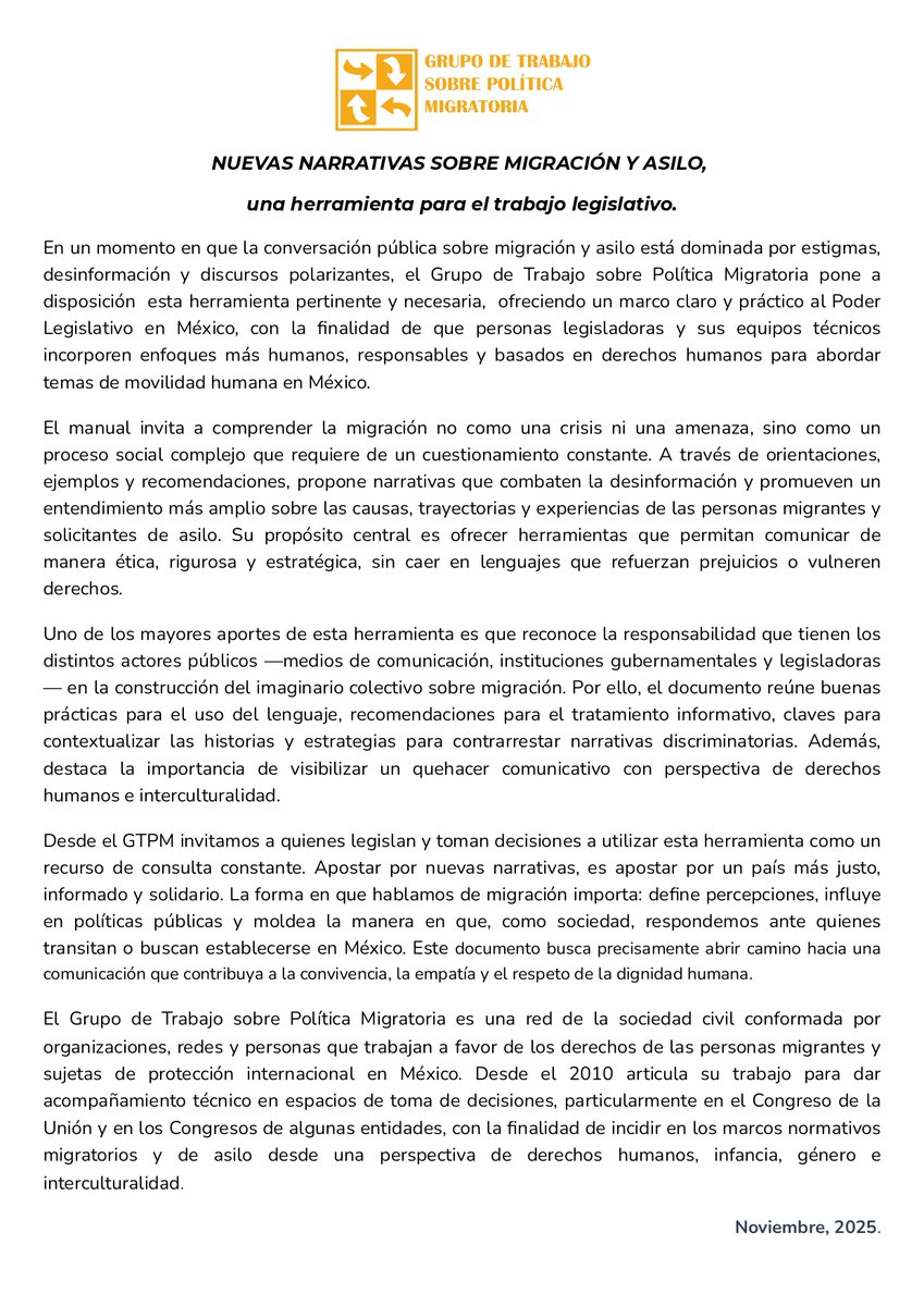 🖱️#RecursosGTPM| 📔GTPM lanza el documento "Nuevas narrativas sobre migración y asilo en México. Una herramienta para el trabajo legislativo". 

👓Consulta, descarga y comparte su contenido: bit.ly/3XUcvQW