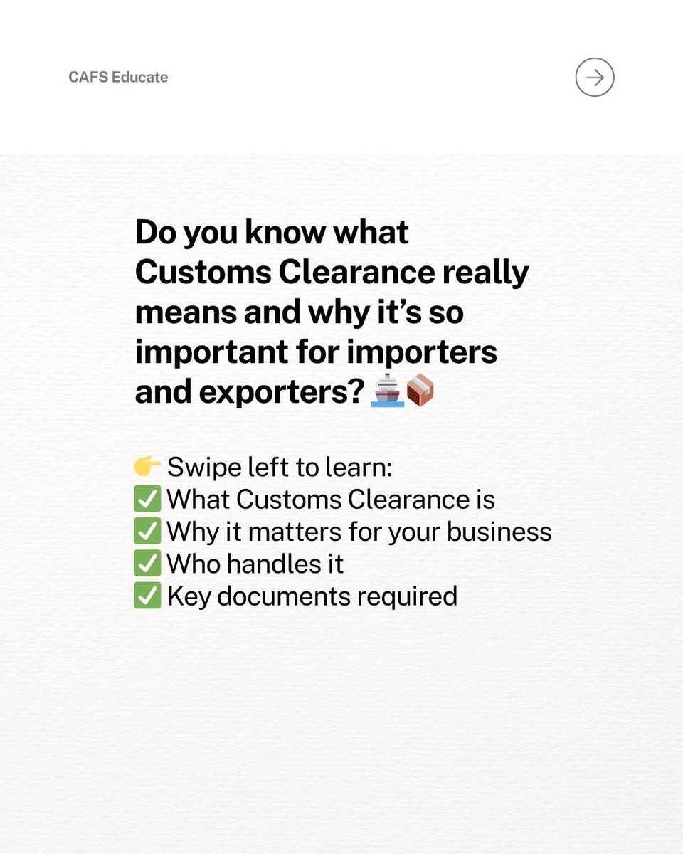homeboyCecil's tweet image. 📚 CAFS Educate Series: Customs Clearance 101
What it is, why it matters, who handles it, and the key documents you need.
Your guide to smooth imports &amp;amp; exports. 🚢📦
#CAFSEducatesSeries
