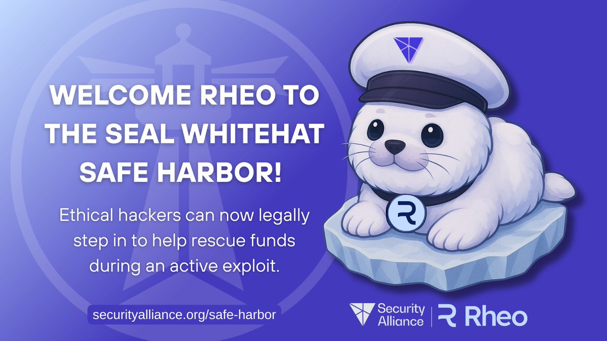 Another W for web3 security! 

<a href="/rheo_xyz/">Rheo (prev. Size Credit)</a>  just adopted SEAL's Whitehat Safe Harbor, adding legal protection for whitehats who step up to rescue funds during active attacks

this is how we build trust &amp; make web3 safer for everyone 

frameworks.securityalliance.org/safe-harbor/ov…