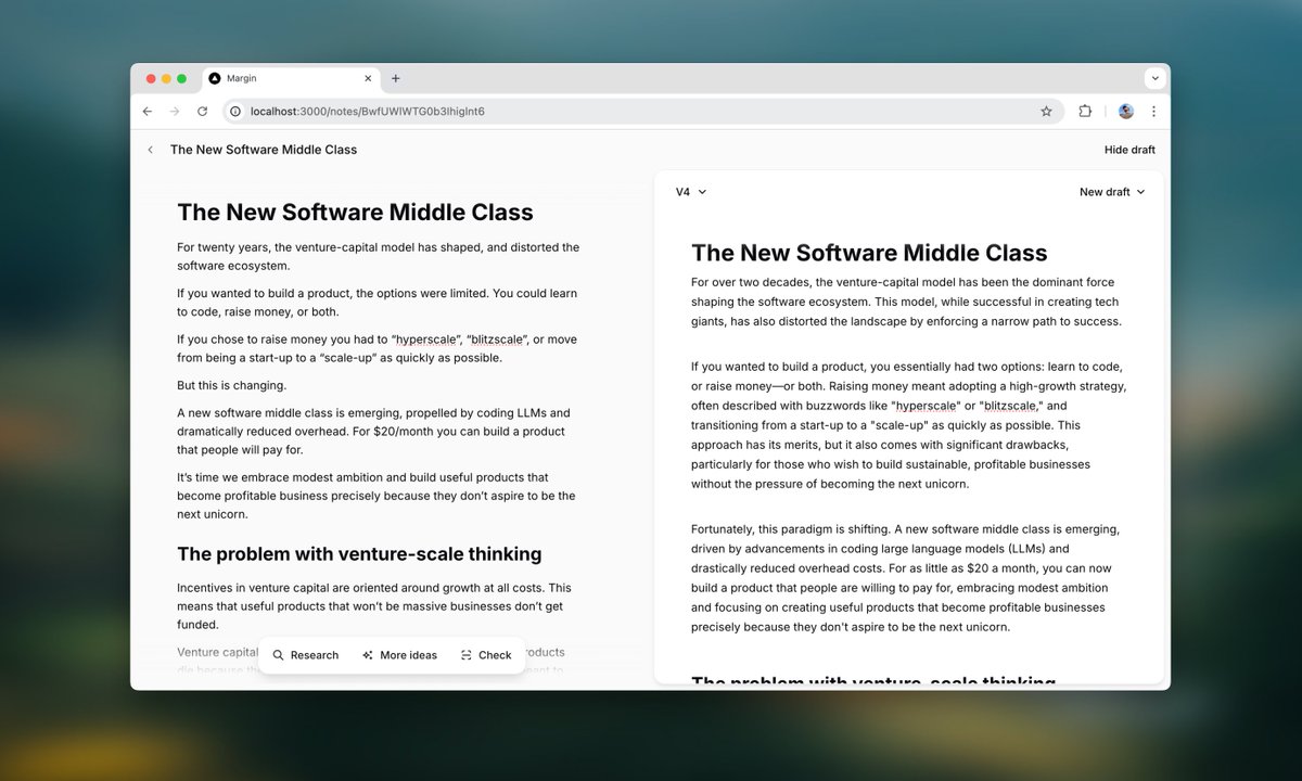 theodesigning's tweet image. I like to use AI for the last mile of writing - turning an opinionated outline into a draft

But I'm tired of refining my ideas and spinning up documents in a chat window

I'm building Margin to be the best way to write with AI