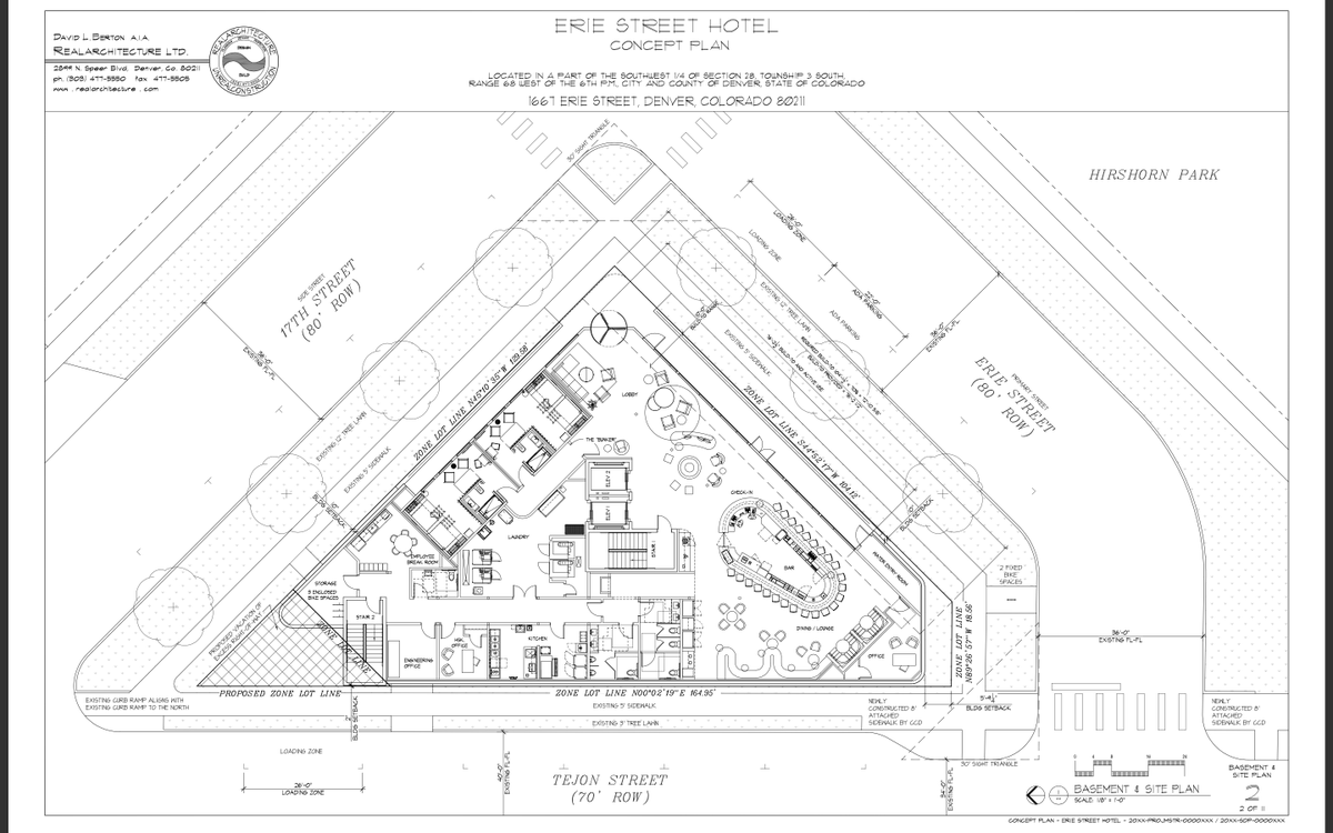 BuildUpDenver's tweet photo. PROPOSED
Erie St, 17th St &amp; Tejon St, #Denver 80211
3-story hotel w/ ~below-grade lobby on unique triangle lot in Lower Highland neighborhood. 69 rooms, most pretty tiny. 0 vehicle parking spots, 5 bike parking spots. W/n walking distance of attractions, restaurants, and Downtown https://t.co/UBueh6RT1J