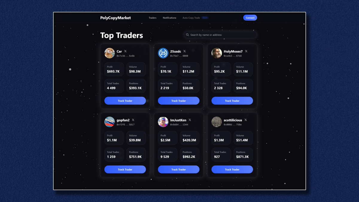 copy-trading on Polymarket is reaching a new level.

if you don't have time to follow all traders, this tool is exactly what you need.

<a href="/PolyCopyMarket/">PolyCopyMarket</a> is built to be simple, clean, and completely free.

here's what it offers:

> telegram alerts
> trader watchlists
> full