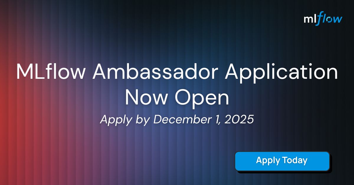 MLflow's tweet image. Only a few days left to apply for the next MLflow Ambassador cohort! 🚀 Join a global group of leaders advancing open source MLflow and helping teams ship high-quality GenAI with evaluation, tracing, and prompt management. Submit your application by 𝗗𝗲𝗰𝗲𝗺𝗯𝗲𝗿 𝟭.

🔗 Apply…