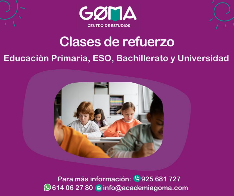 En GOMA, te acompañamos en:
✅ Educación Primaria
✅ ESO
✅ Bachillerato
✅ Universidad 
- Clases personalizadas, adaptadas a tu ritmo y nivel.
- Profesores expertos.
- Disponibles en presencial y online —porque el aprendizaje no entiende de horarios.