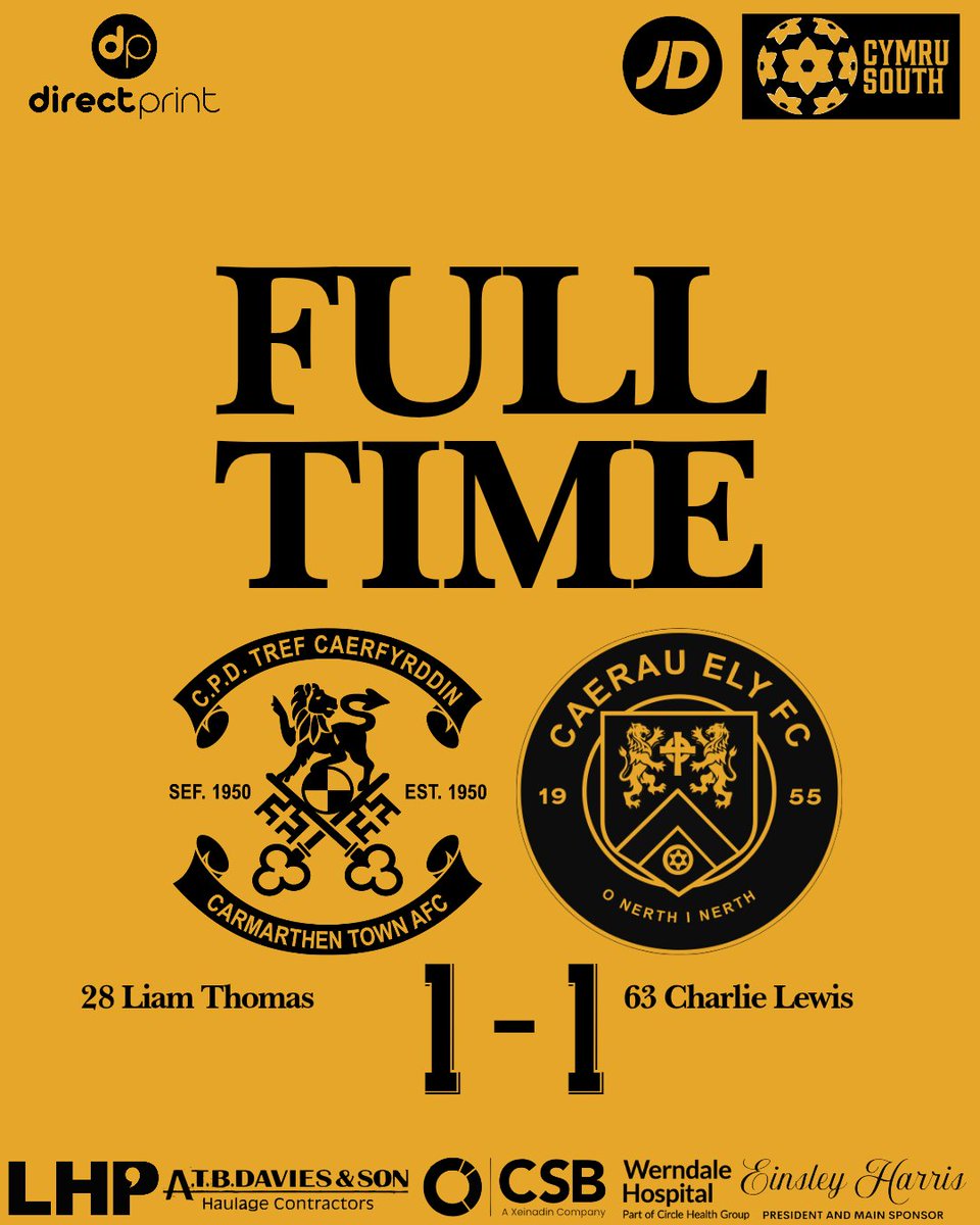 CarmarthenAFC's tweet image. Full Time | Sgôr Terfynol 

Carmarthen Town AFC 1-1 @CaerauElyFC 

A point each in the end.

Pwynt yr un yn diwedd.

#UnHenAur #OneOldGold