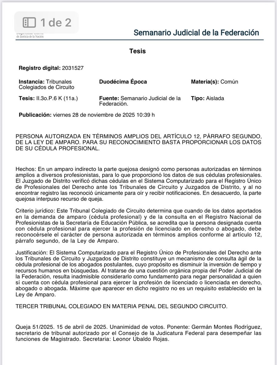 ⭐️⭐️⭐️⭐️⭐️⭐️⭐️⭐️⭐️
¡Atención personas abogadas!

Para ser autorizado en términos amplios en un #juiciodeamparo es suficiente con proporcionar los datos de tu cédula profesional.

No es necesario estar registrado en el Sistema Computarizado para el Registro Único de Profesionales