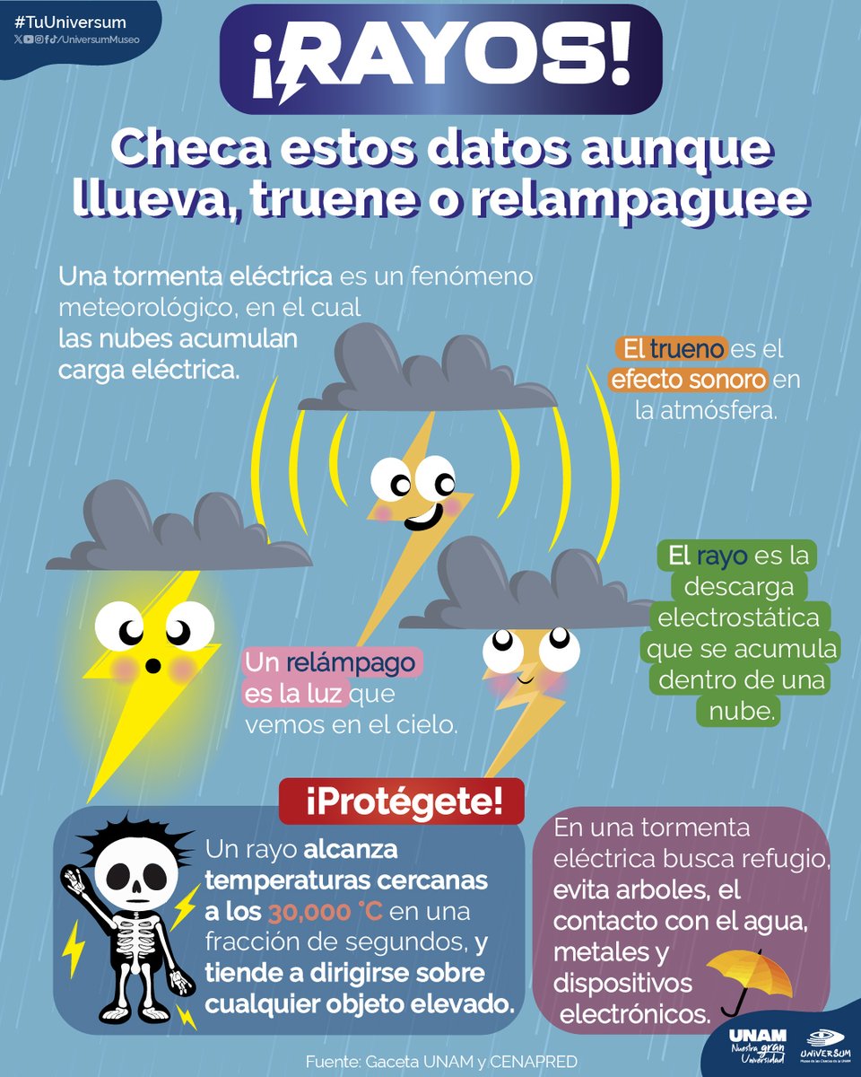 🌩️✨ El trueno es el sonido; el relámpago, la luz. Y el rayo es la descarga eléctrica dentro de la nube. Así ocurre una tormenta eléctrica. Infografía de <a href="/UniversumMuseo/">Universum Museo</a>. ⬇️