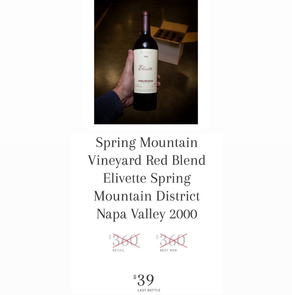 Pricerrors's tweet image. BLACK FRIDAY 92% OFF WINE

2000 Spring Mountain Elivette for $29 

Normally $360 retail and a 95 point vintage

Use link below for $10 off + free shipping

lastbottlewines.com/invite/aebdbca…