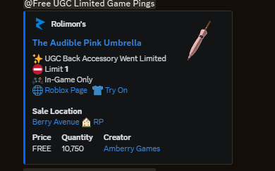 Xh0PlUgc's tweet image. 📣This item has already been released (and it is possible that this item will be available either today, tomorrow, or the day after tomorrow)

📦Stock: 10,750

➡️roblox.com/catalog/879384…
➡️roblox.com/games/84818442…

#Roblox #RobloxDev #RobloxFreeUGC #RobloxUGCLimited…