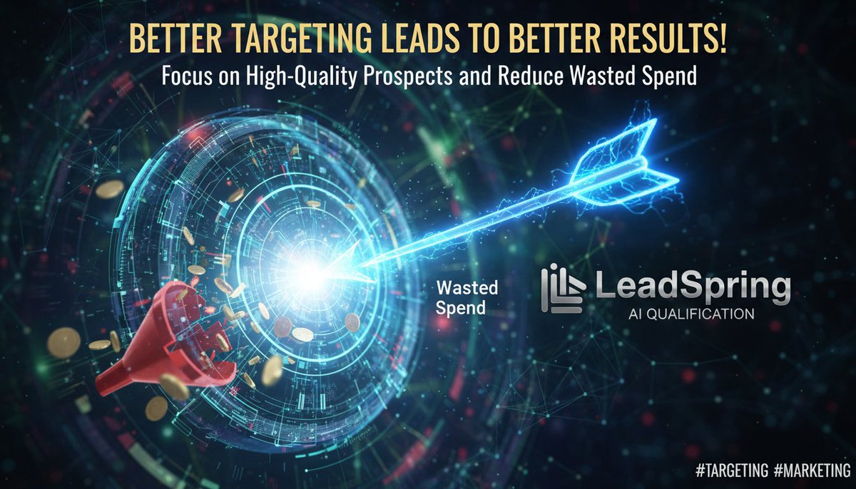 leadspringai's tweet image. Better targeting leads to better results! Use LeadSpring&apos;s AI qualification to focus on high-quality prospects and reduce wasted spend. #Targeting #Marketing