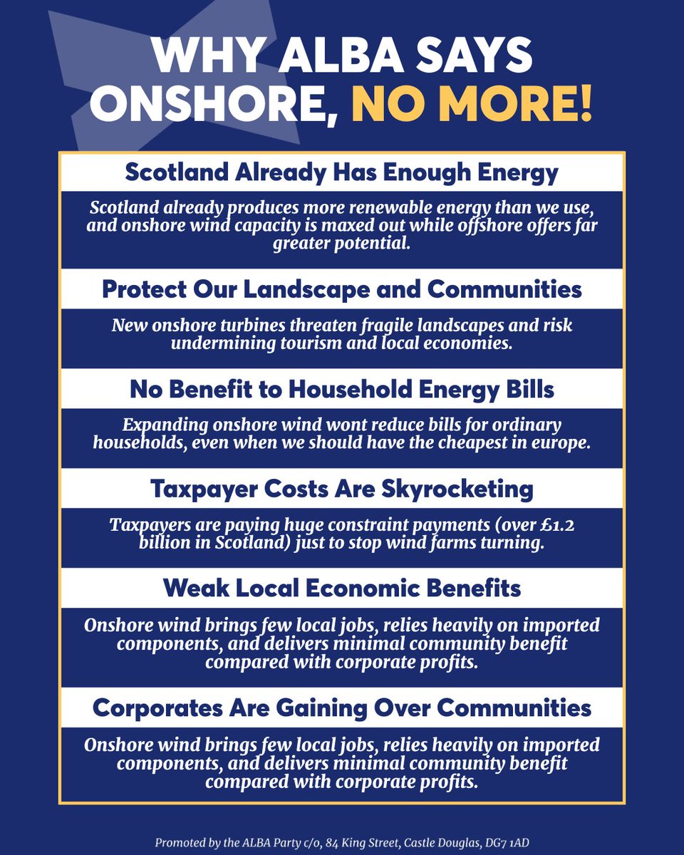 Here are SIX reasons why there should be no further development of onshore wind farms in Scotland 👇

Agree with us? ✍️ Sign here: albaparty.org/nomoreonshore