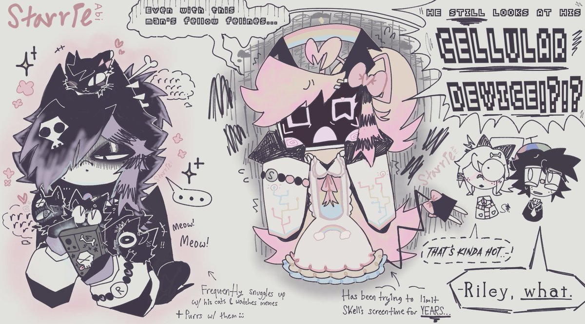 Abi_the1artsyXD's tweet image. Skell loves his phone &amp;amp; his cats (Ruby is going wild..) #FPESkell #FPERuby #FPERiley #FPERobby #FPE #fundamentalpapereducation

You can use my art, please give creds! you can say this is Rubbiley.. Bow: Cookie. meowing: Honey, white irises: Almond, Skull clip cat: Oreo. C.H.A.O.S