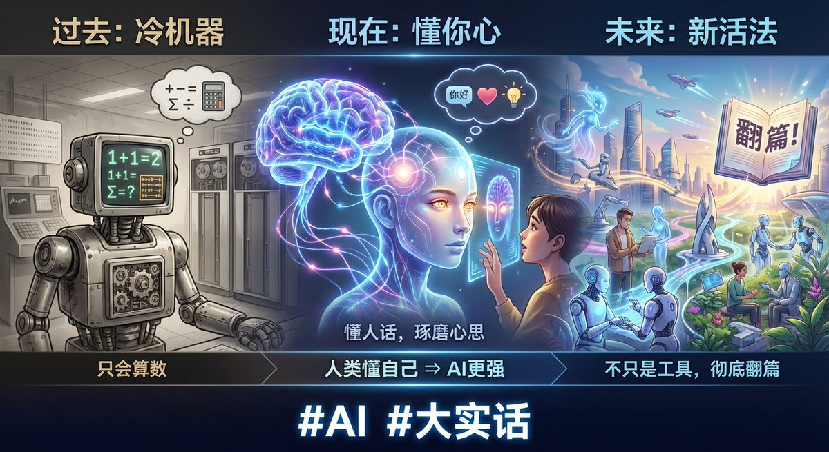 zxc3949's tweet photo. 以前觉得AI就是只会算数的冷机器，现在它不仅懂人话，还能琢磨你的心思。说白了，AI越来越强，其实是人类越来越懂自己脑子是怎么转的。别只把它当个新工具，这玩意儿一出来，咱们以后的活法都得跟着彻底翻篇！ #AI #大实话 https://t.co/VuQhmGnaC5