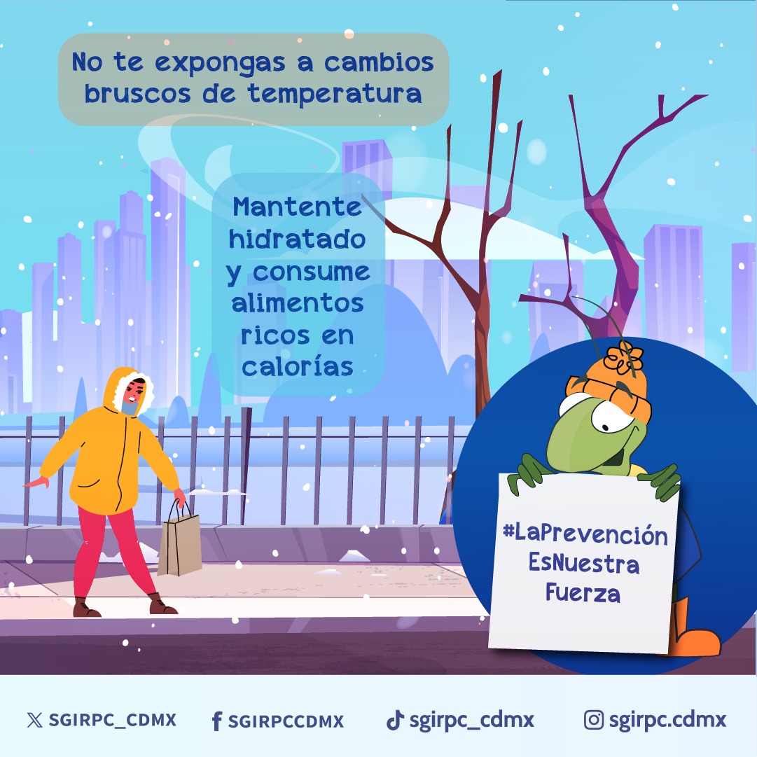 SGIRPC_CDMX's tweet photo. En esta temporada de #frío, atiende las recomendaciones de #Ollin, el chapulín de la prevención.
▶️Usa ropa abrigadora 🧥🧣🧤
▶️Si realizas actividades al aire libre, utiliza cubrebocas😷
▶️Evita cambios bruscos de temperatura🌡️
▶️Mantente hidratado e ingiere alimentos ricos en vitaminas A y C
#LaPrevenciónEsNuestraFuerza