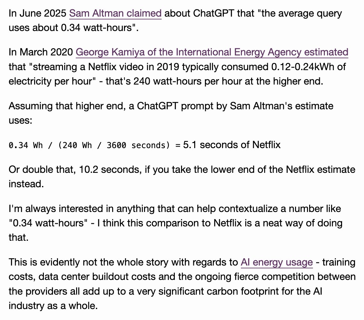 Out of curiosity I decided to try and run the numbers on how much Netflix you can watch for the energy cost of a ChatGPT prompt

As far as I can tell it's between 5.1 and 10.2 seconds, depending on...