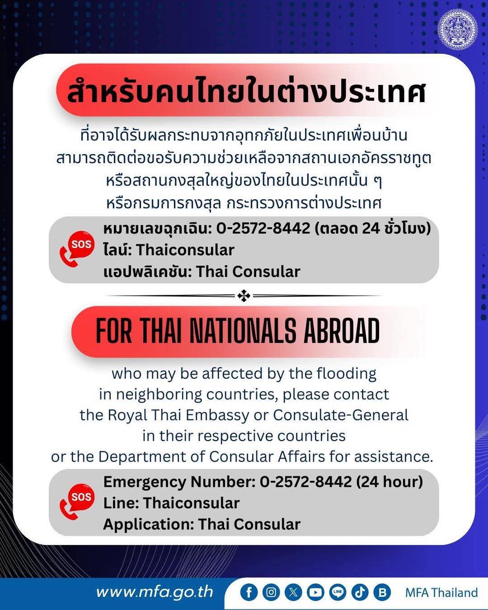 Here are emergency emergency numbers and contact details from the Thai Foreign Ministry for foreigners in Thailand and Thai nationals abroad affected by flooding. #Thailand #flood #HatYaiFlood #น้ำท่วมท่วมหาดใหญ่
