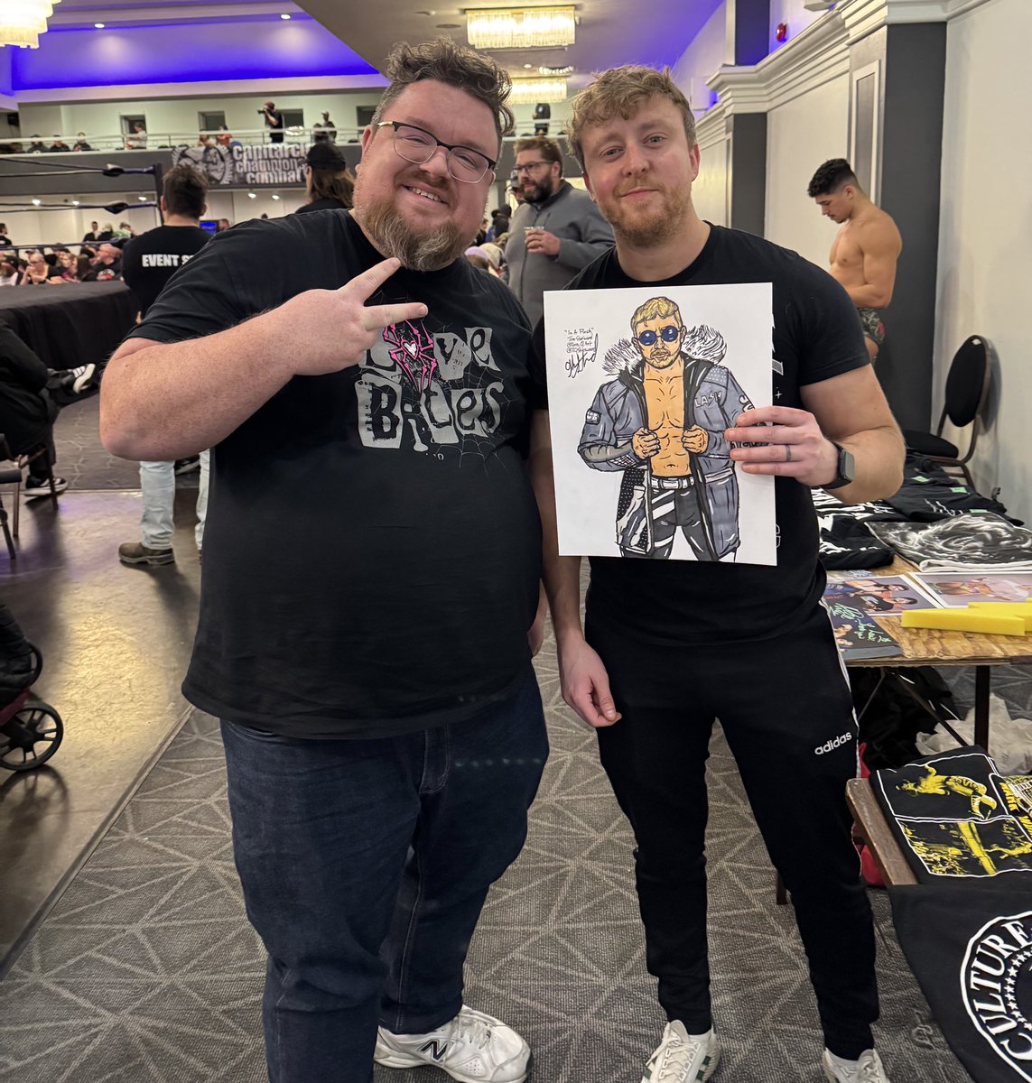 TQSherwood's tweet photo. Subculture at @C4Wrestling!! Got to gift some art to @DaniLuna_pro @MandrewsJunior and @Flash_Morgan before the show tonight!! So cool, all are awesome, Iโm so pumped! #markandrews #daniluna #flashmorganwebster https://t.co/Lwcz9fy0eY