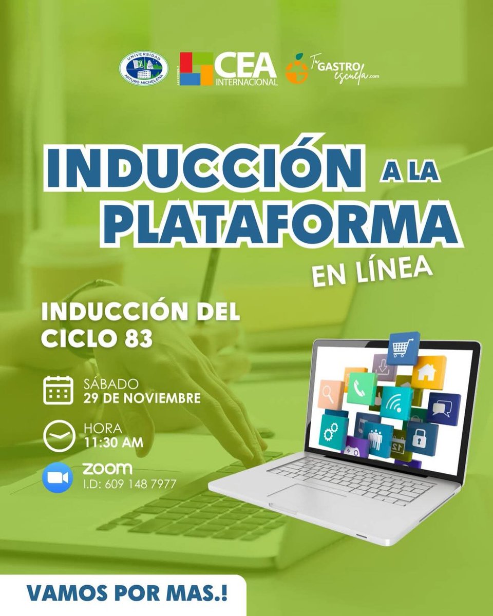 ¡BIENVENIDOS 
Te esperamos este sábado 29 de noviembre a las 11 y 30 am, en la Jornada de Inducción en Línea del Ciclo Académico 83 para el uso de nuestra plataforma de educación en línea 🙌🏻
Atención a tu WhatsApp o correo, por  los cuales recibirás las coordenadas de conexión