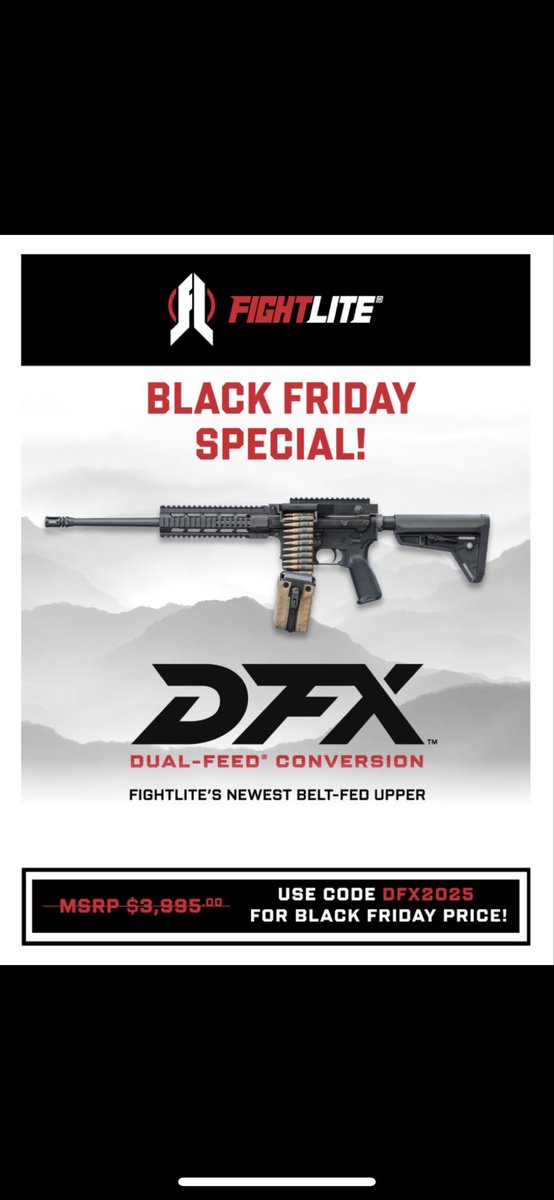 ICYMI, limited time Black Friday deal on our new DFX Belt-Fed Upper! 👍🇺🇸🇺🇸🇺🇸🇺🇸🇺🇸

#ar15  #freedom #feedyourfreedom #usa #shrike #shrike556 #ngsar #aresdefense #fightlite  #556 #300blackout  #beltfed #mcr #dfx #amg #amg1 #amg2 #amg3
