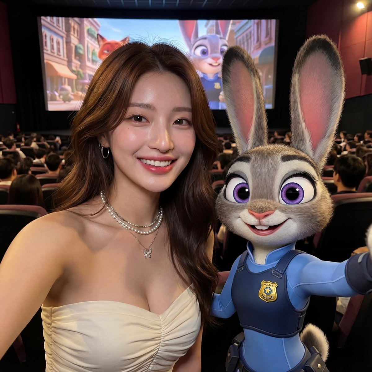 免費分享來了

這次是真人照片

生成與《瘋狂動物城》角色合照的提示詞

提示詞：創造一張超寫實的自拍照。使用我上傳的圖像作為人物的精確參考- 不要修改、改變或調整我上傳圖像中人物的任何特徵。

加上[瘋狂動物城兔子警官]（迪士尼角色）站在