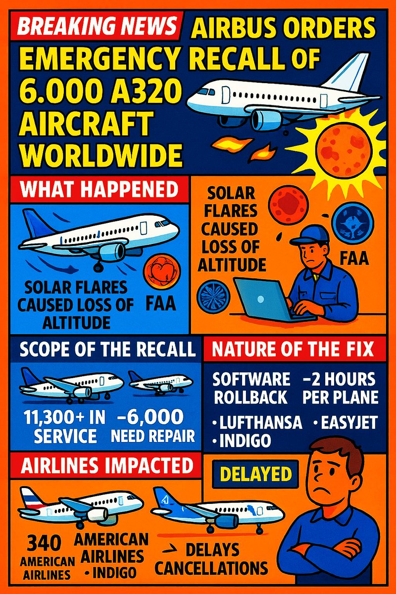 deepakchannel_'s tweet image. 🚨 BREAKING NEWS: Airbus Orders Emergency Recall of 6,000 A320 Aircraft Worldwide

November 29, 2025 | Global Aviation Desk

Airbus has issued an unprecedented emergency recall for nearly 6,000 aircraft from its widely operated A320 family, triggering major disruptions across…