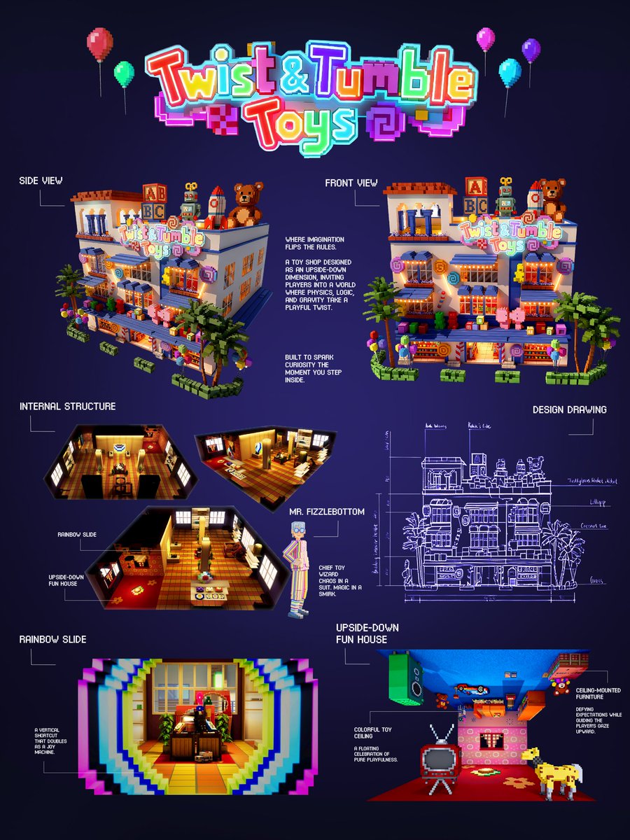 MiAOworlds's tweet photo. Welcome to Twist &amp; Tumble Toys — where everything’s upside down, loud, and wildly fun. 🎪🌀

Rainbow slides, floating furniture, chaotic colors — here’s a peek at how we built our most whimsical shop in MiAO World.

#MiAOWorld #ToyShop #ArtBreakdown #WorldBuilding #OpenWorldGame https://t.co/D2dcdGLQn9