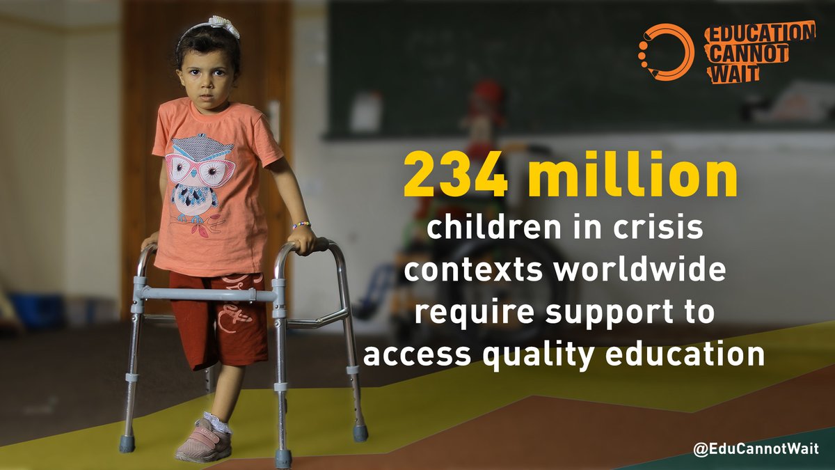 EduCannotWait's tweet image. 🚨234M school-aged children impacted by crises require urgent support to access #QualityEducation – this is unacceptable.

Time is running out to reverse the trend. If we are to achieve #SDG4, we must #ActNow.

The dreams of millions of girls &amp;amp; boys depend on our collective…