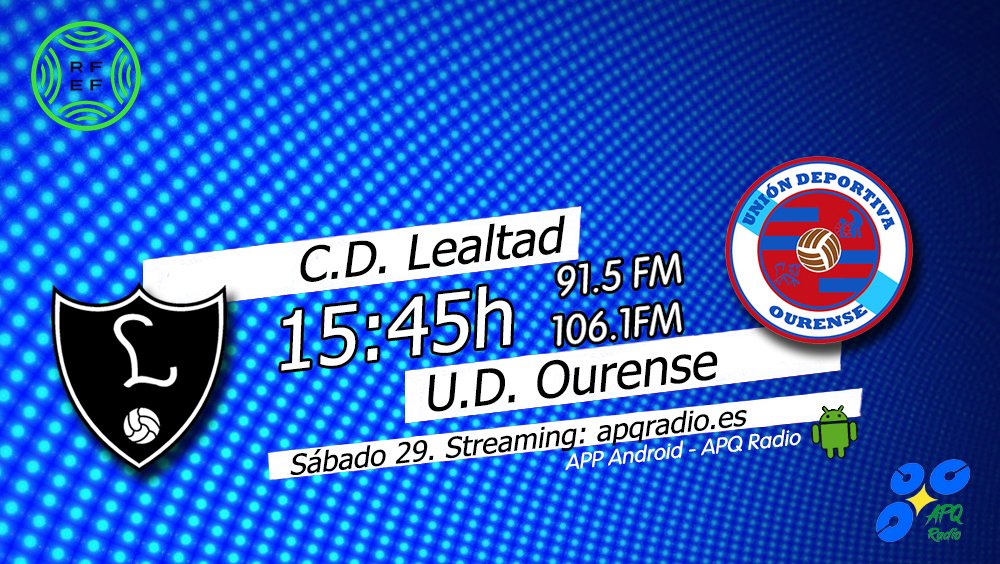 🔴HOY, EN LA BANQUETA DEPORTIVA🔴
🕞 15:45h (Previa desde las 15:30h)
🏟️ Les Caleyes
⚽️ <a href="/CDLealtad/">CD Lealtad | Villaviciosa</a> 🆚 <a href="/UDOurense2014/">UD Ourense 🐺</a>   
🎙️ <a href="/CESARLEOGARCIA/">CESAR CONSTANTINO</a> | Marcos Álvarez Jaime 
📻 91.5 - 106.1FM Asturias
🖥️ apqradio.es
📱 bit.ly/3oFv0HI