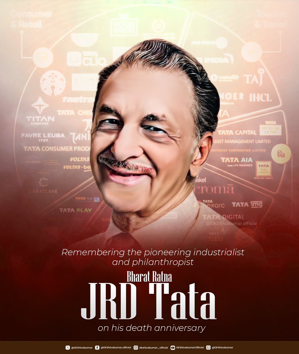 DKShivakumar's tweet image. Paying tributes to Bharat Ratna JRD Tata on his death anniversary. Widely regarded as the father of Indian aviation and one of the country’s greatest industrialists, he stood apart not just for his achievements, but for his quiet integrity, deep sense of fairness, and belief in…