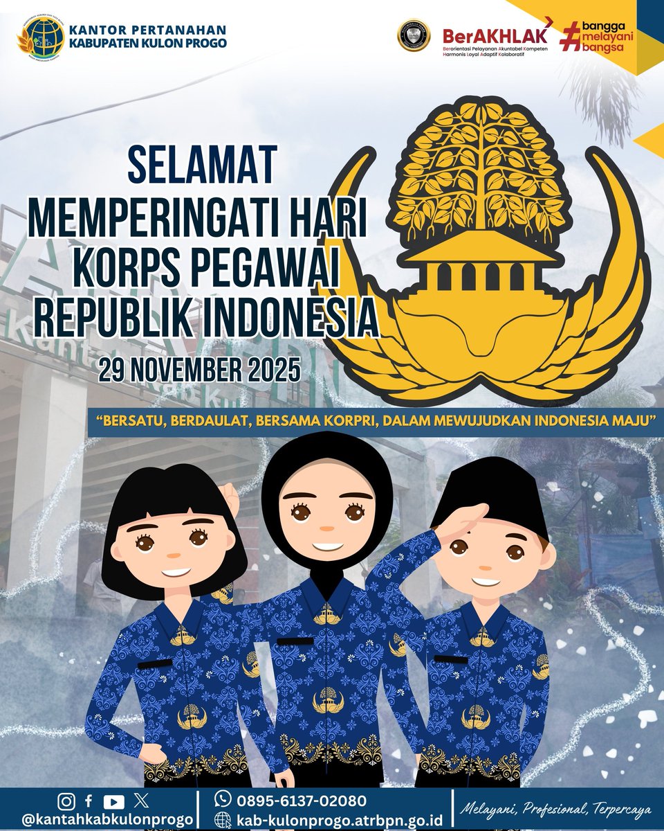 atr_bpnkprogo's tweet image. Hai #SobATRBPNKulonProgo

Segenap keluarga besar Kantor Pertanahan Kabupaten Kulon Progo mengucapkan Selamat Hari Ulang Tahun ke-54 Korps Pengawai Republik Indonesia (KORPRI).

&quot; Bersatu, berdaulat, bersama KORPRI, dalam mewujudkan Indonesia Maju&quot;

#KantahKulonProgo
#KORPRI54