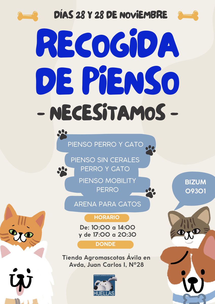 Nuestros 162 perros y 99 gatos necesitan ayuda. 
Mañana 29 de noviembre estaremos realizando una recogida de pienso en la tienda Agromascotas de Ávila, y nos encantaría poder contar contigo.
Tendremos un puesto de venta de merchandising solidario.
Gracias!
#Ávila