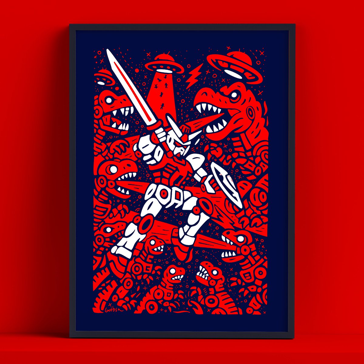 🎨 Artwork completed! 🤖🦖
I’ve just finished my latest visual piece, in which I wanted to explore a new graphic style centered around the mecha theme. The scene features an intense confrontation with a horde of robotic T-Rexes, set within a dense and dynamic composition. This