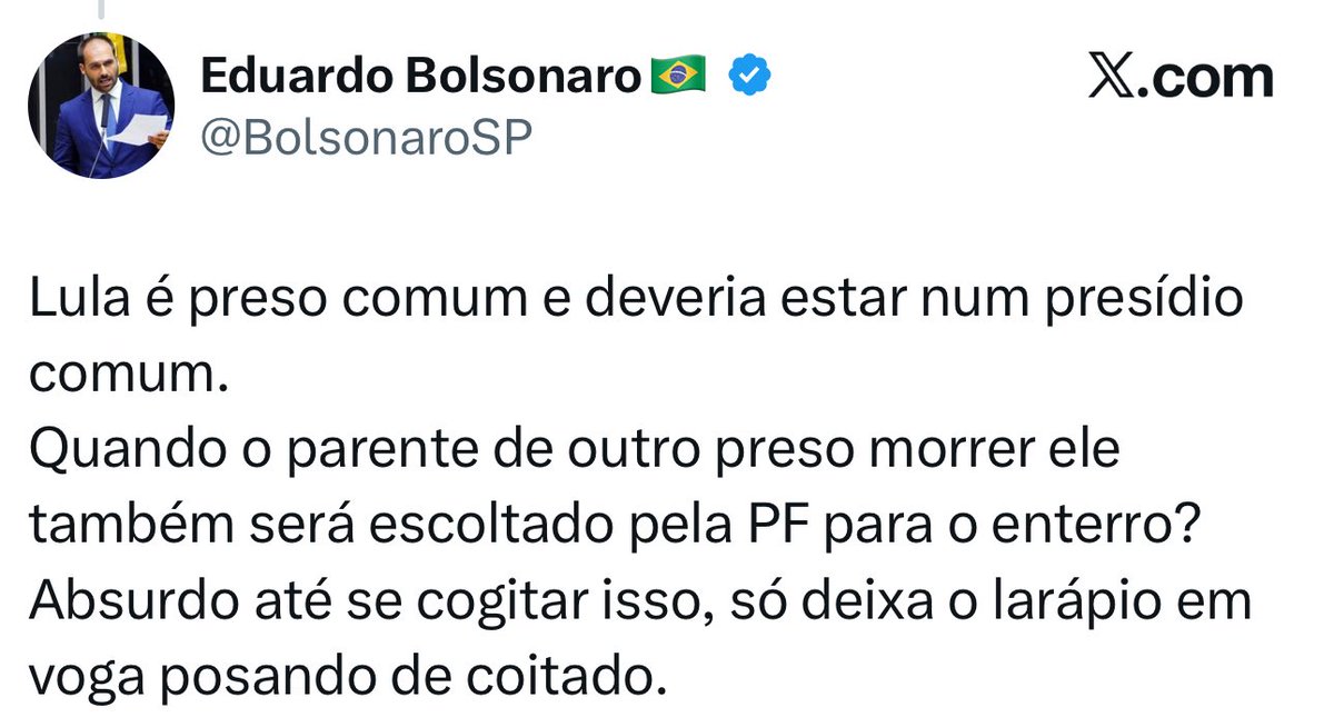 Eduardo Bolsonaro escreveu isso no dia que Lula foi para o enterro do neto. Seis anos depois choraminga por causa do pai golpista.